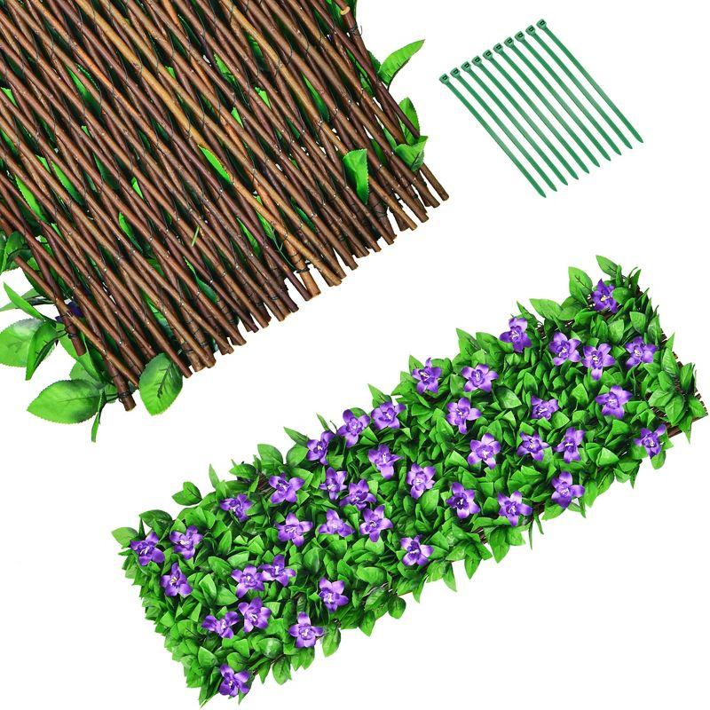 Tangkula 4PCS Expandable Fence Privacy Screen Decorative Faux Ivy Panel w/ Purple Flowers