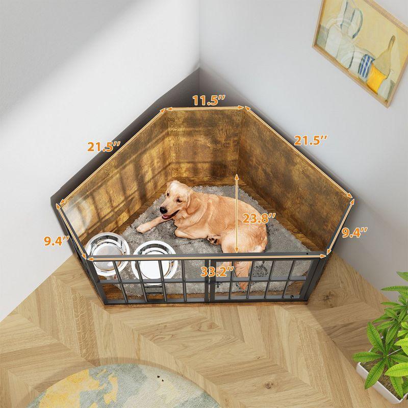 LOVMOR Furniture Dog Crate Corner, Dog Kennel Corner Wooden End Table with Bowl, Indoor Pet Crates Corner Side Table for Dogs