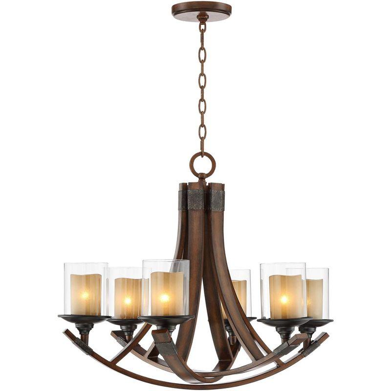 Franklin Iron Works Mahogany Wood Finish Chandelier 27 1/2" Wide Rustic Curving Clear Outer Scavo Inner Glass 6-Light Fixture Dining Room