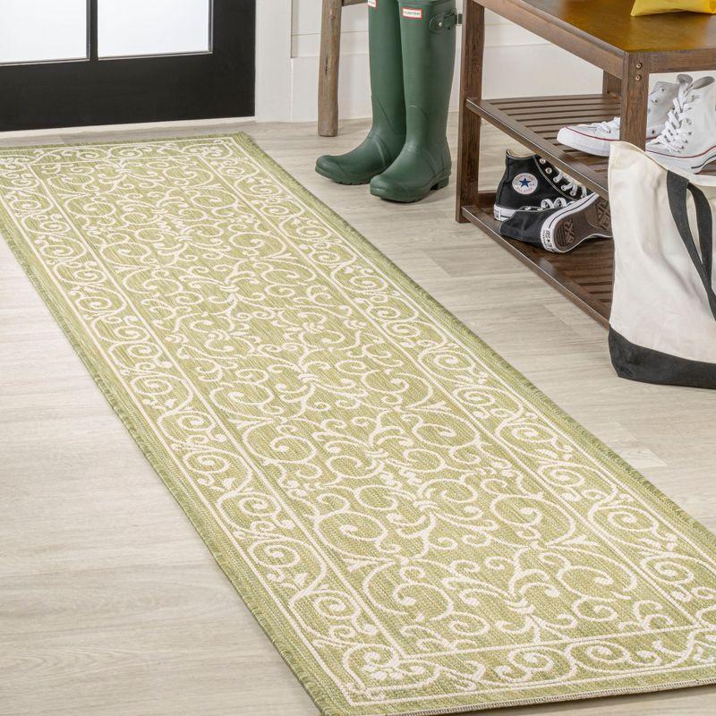 2' x 8' Charleston Vintage Filigree Textured Weave Indoor/Outdoor Runner Rug, Green/Cream - JONATHAN Y