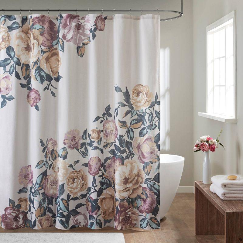 Ivory Cotton Floral Printed Shower Curtain with Boucle Slub Fabric