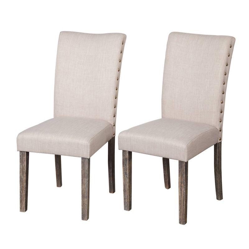 Set of 2 Light Gray Linen Upholstered Parsons Side Chairs with Weathered Wood Legs