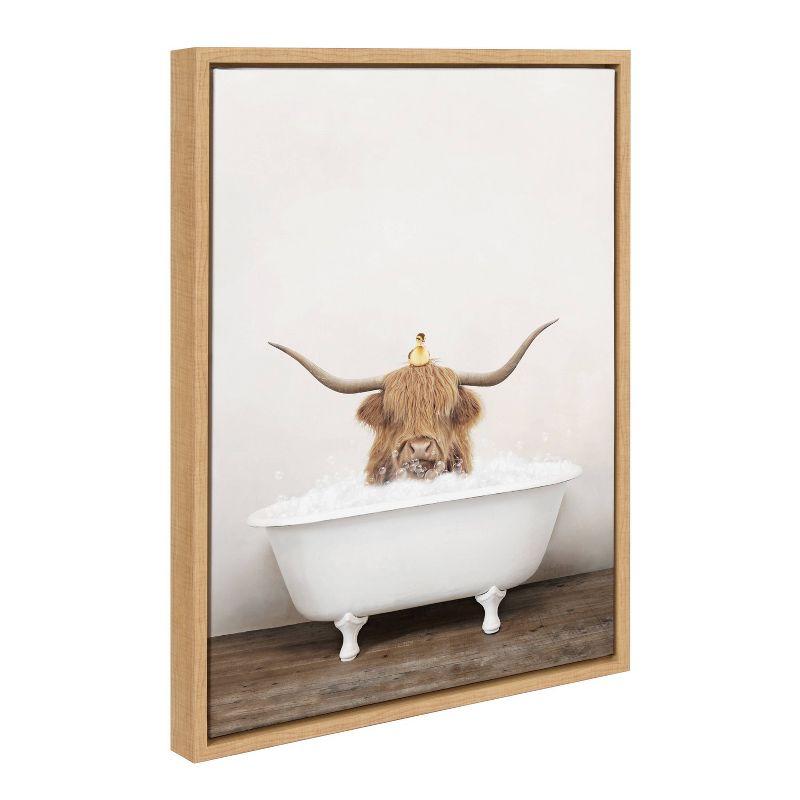 Highland Cow and Duckling in Bath Canvas Art with Natural Frame