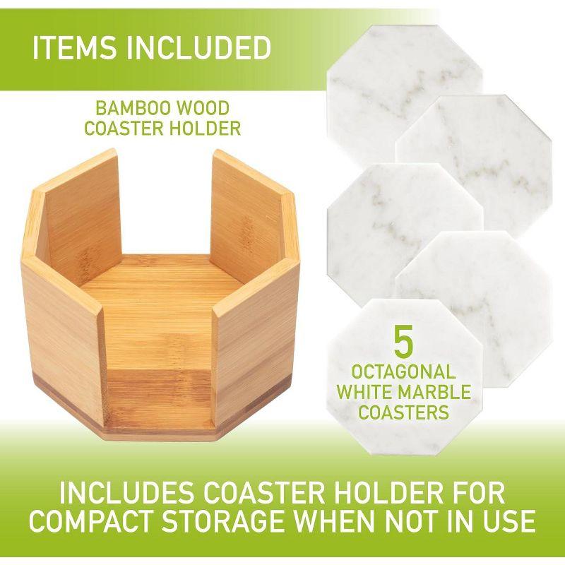 D'Eco White Carrara Marble Coasters w/ Bamboo Holder - Set of 5 - Tabletop Protection- Fits Any Size Wine Glass, Cup, Mug - Great Mother's Day Gift