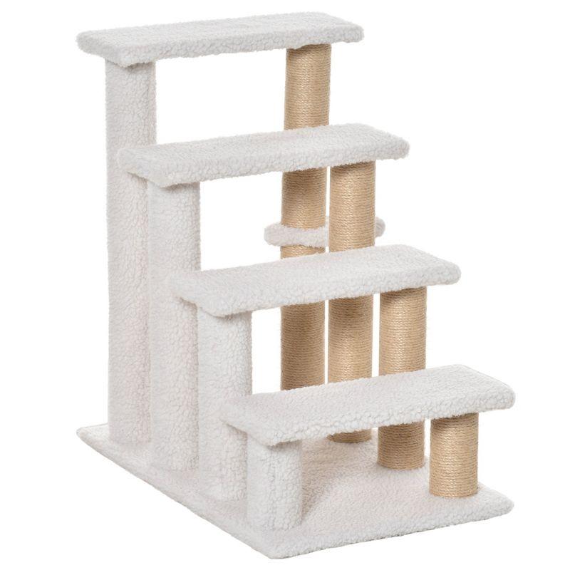 PawHut 4 Levels Cat Steps, Pet Stairs Carpeted Ladder, Kitten Tree Climber with Scratching Posts, Hanging Play Ball, Side Step, White