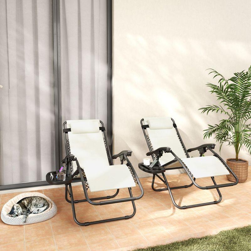 Outsunny Zero Gravity Lounge Chair Set of 2 Reclining Folding Outdoor Lounge Chairs with Cushion, Headrest, and Side Tray for Patio Beach, Cream White