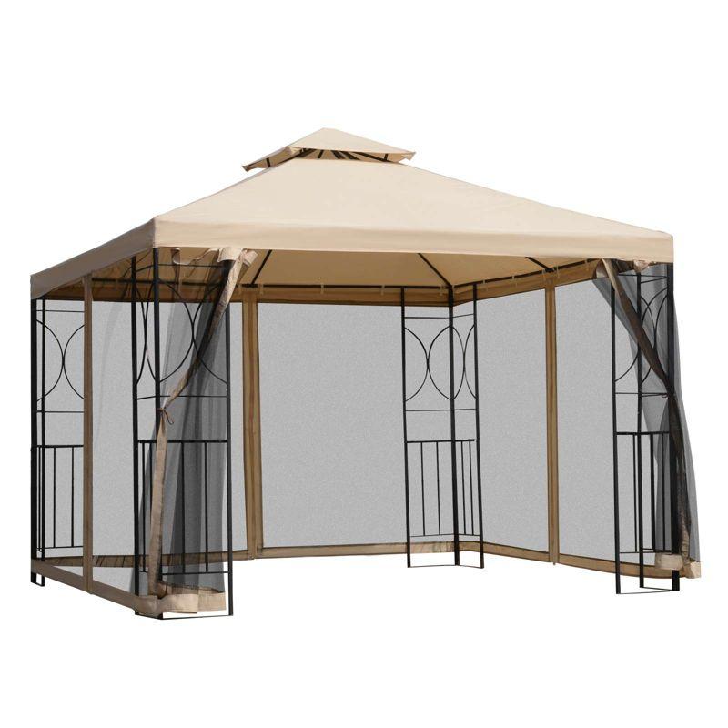 Outsunny 10' x 10' Steel Outdoor Patio Gazebo Canopy with Privacy Mesh Curtains, Weather-Resistant Roof, & Storage Trays