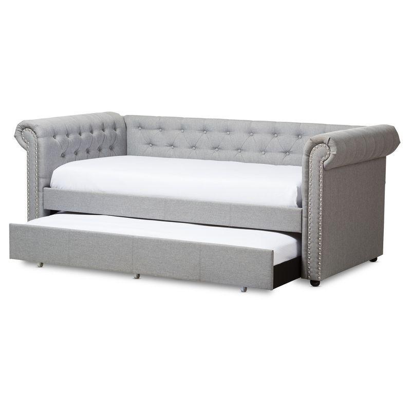 Gray Upholstered Twin Daybed with Trundle and Nailhead Trim