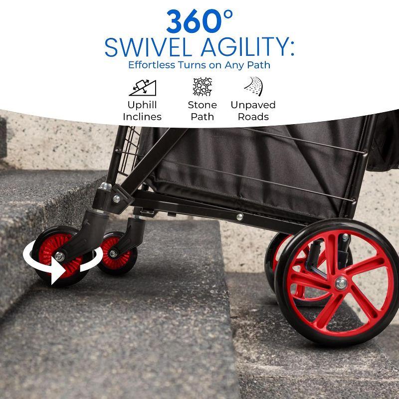 SereneLife Heavy Duty Foldable Shopping Cart with Removable Cart Liner - Red