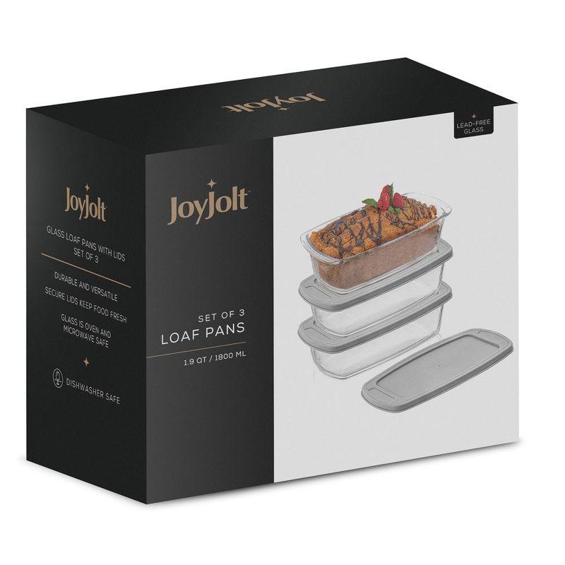 JoyJolt Glass Bakeware Containers for Loaf,  Bread, Cakes Pans Baking Containers with Lids - Set of 3 - Grey