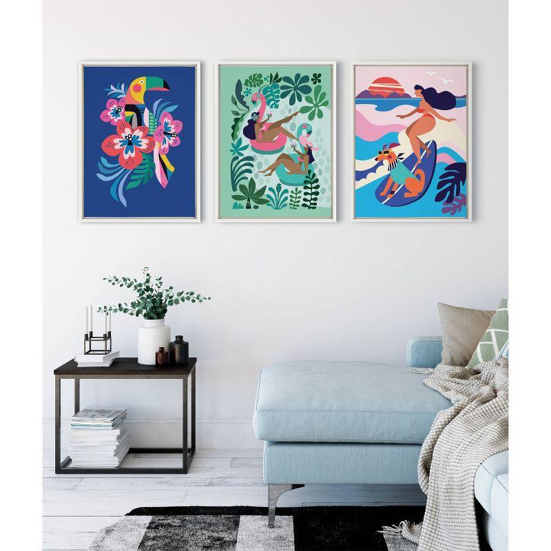 Colorful Toucan and Hibiscus Canvas Wall Art with White Frame