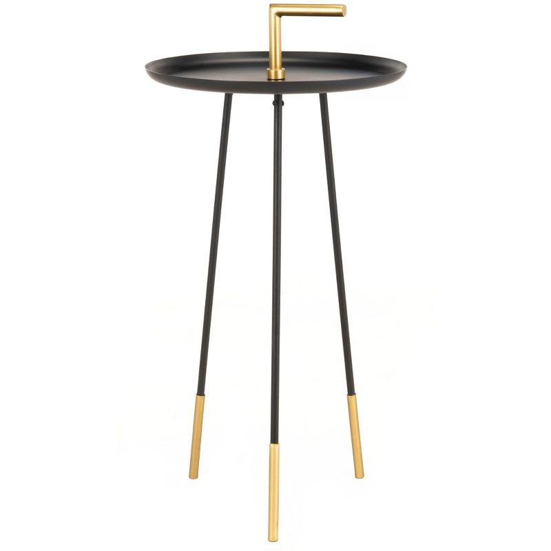 Transitional Round Black & Gold Metal-Wood Side Table with Handle