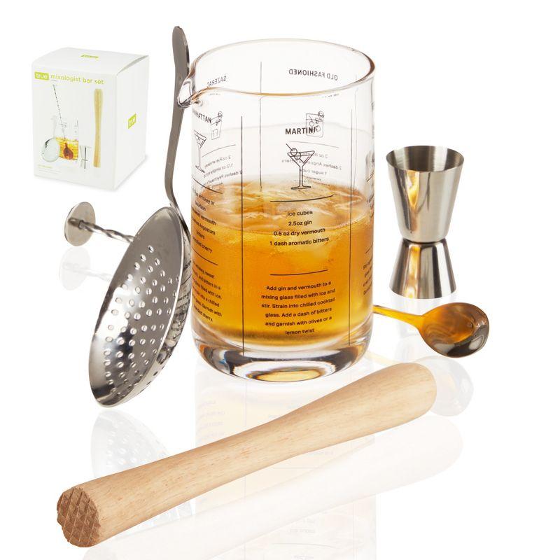 True Mixologist 5-Piece Stainless Steel, Wood, and Glass Cocktail Set