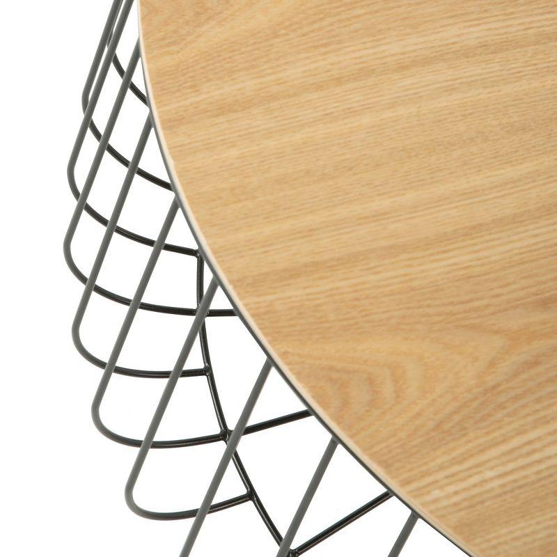 LeisureMod Runswick Mid Century Modern Round Coffee Ash Veneer Top with Black Wire Steel Base Design Accent Table