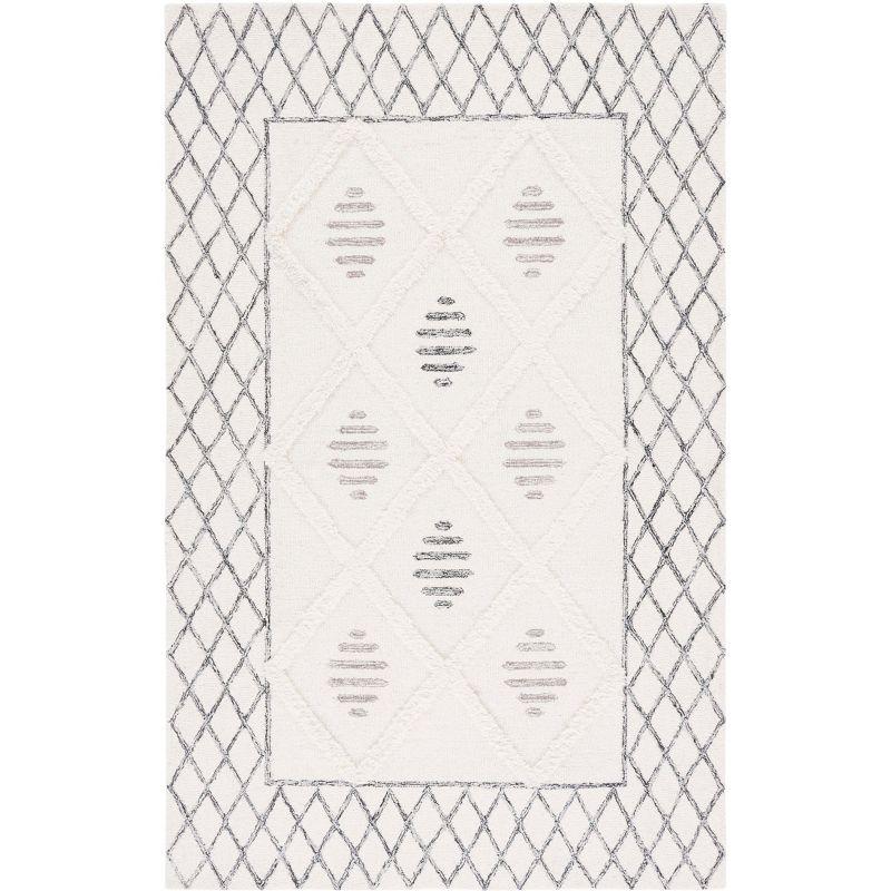 Ivory and Black Hand-Tufted Wool Shag Area Rug 4' x 6'