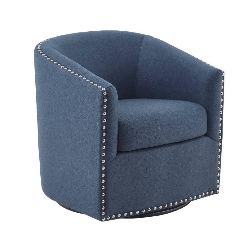 Madison Park Sheldon Swivel Chair Blue: Elegant Barrel Design, Nailhead Trim, 360° Rotation, No Assembly Required
