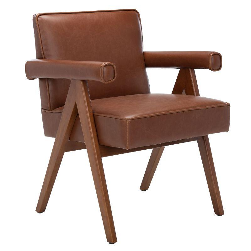 Contemporary Cognac Faux Leather Arm Chair with Walnut Finish