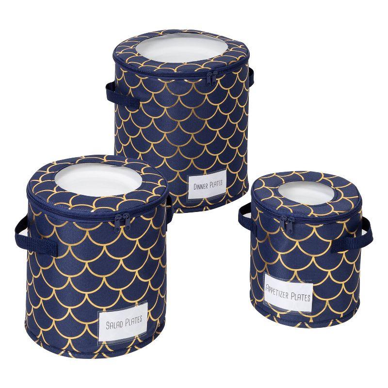 Honey-Can-Do 3pc Round Tableware Storage - Navy/Gold: China & Stemware Storage, Polyester, Spot Clean, 12"x12"x12"