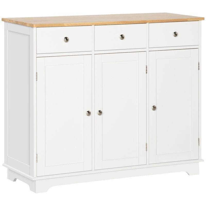 HOMCOM Kitchen Storage Cabinet, Sideboard Floor Cupboard with Solid Wood Top, Adjustable Shelf, and 2 Drawers for Living Room, White
