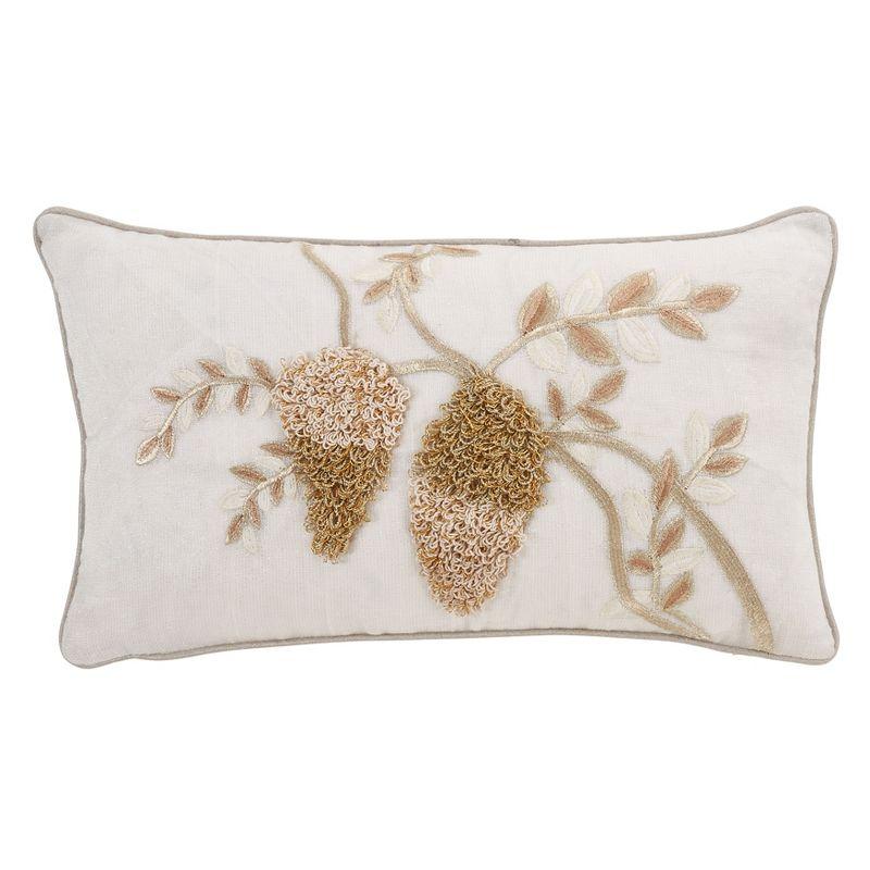 Gold and White Embroidered Floral Linen Throw Pillow