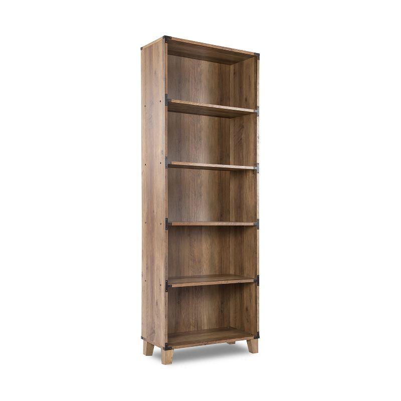 Rustic Oak 5-Shelf Bookcase with Black Metal Brackets