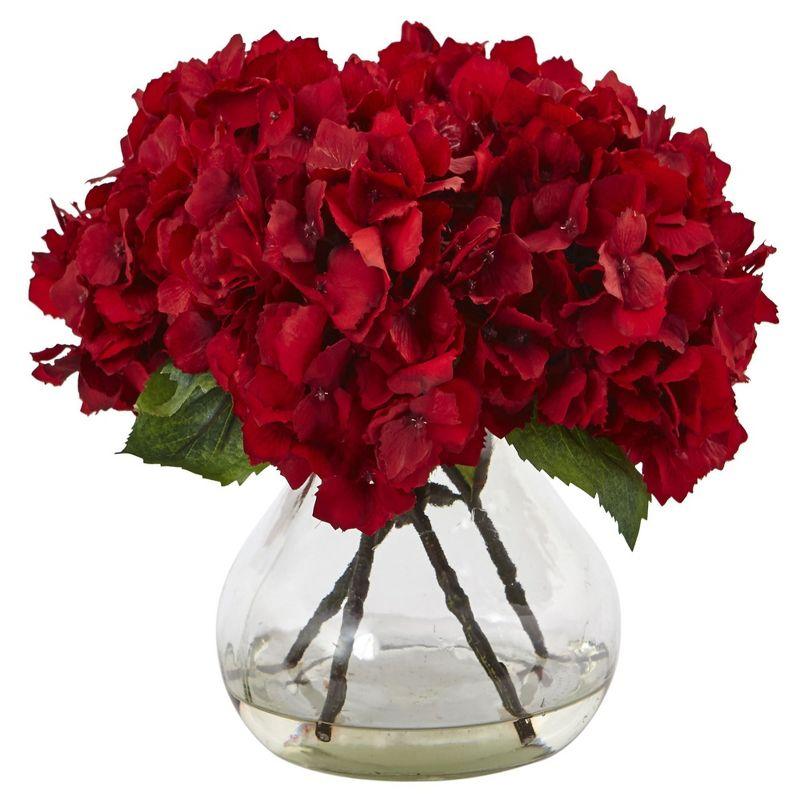 Vibrant Red Hydrangea 18" Faux Floral Arrangement in Glass Vase