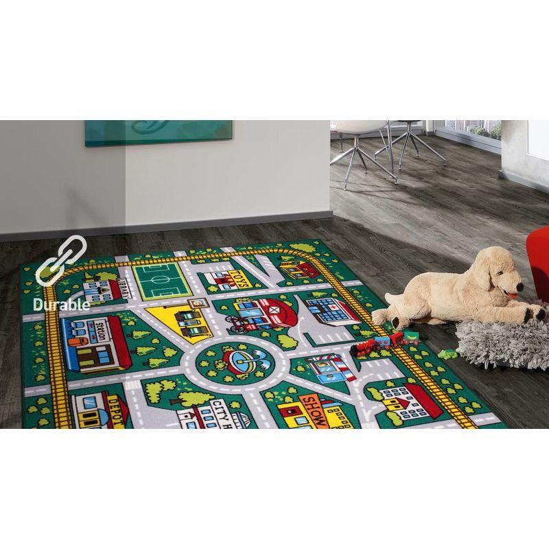 World Rug Gallery Kids Educational Learning City Life Road Non Slip Area Rug - Green 5' x 7'