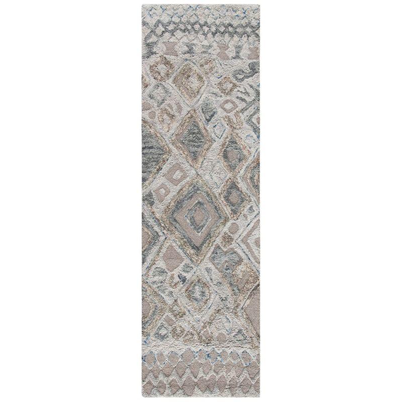 Grey and Olive Hand-Tufted Wool Moroccan Shag Runner Rug