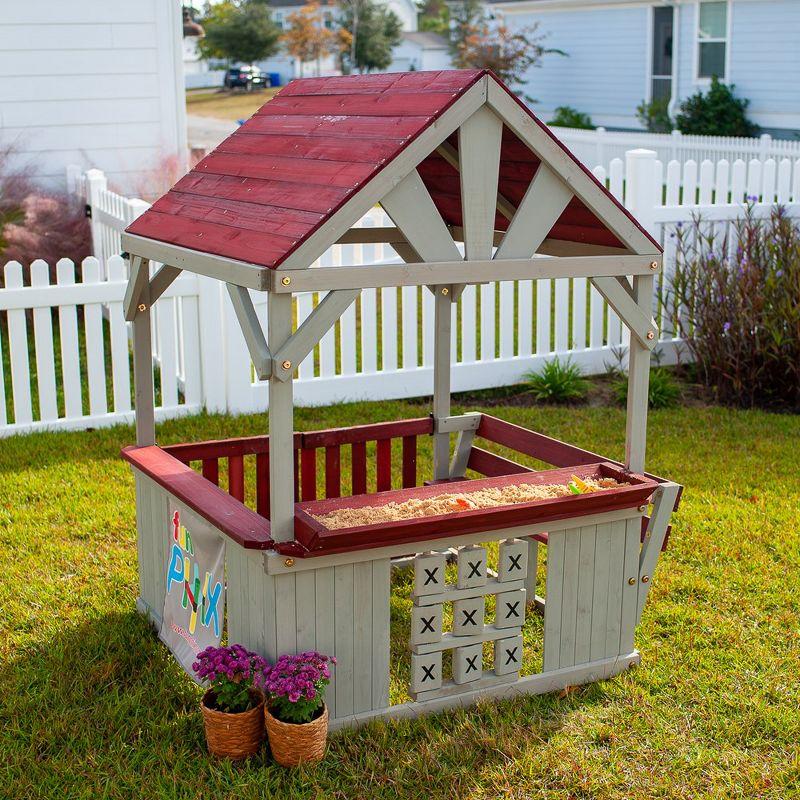 Funphix Hangout Hut, Kids Outdoor Wooden Playhouse with Sandbox & Tic Tac Toe