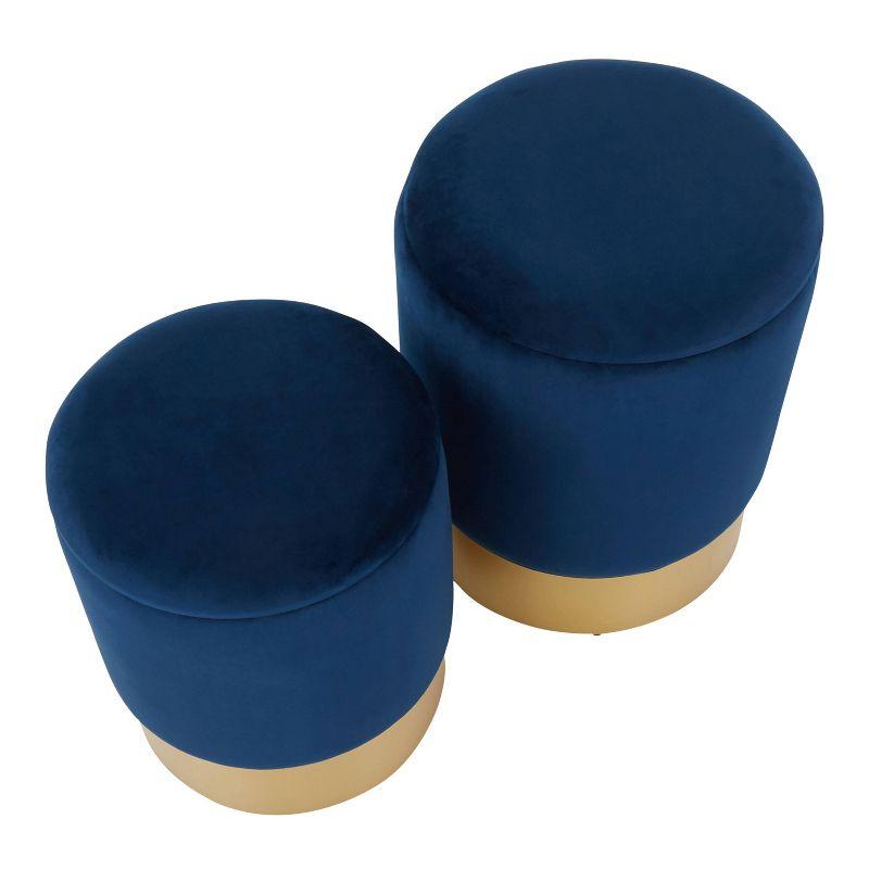 Blue Velvet and Gold Round Nesting Ottomans Set of 2