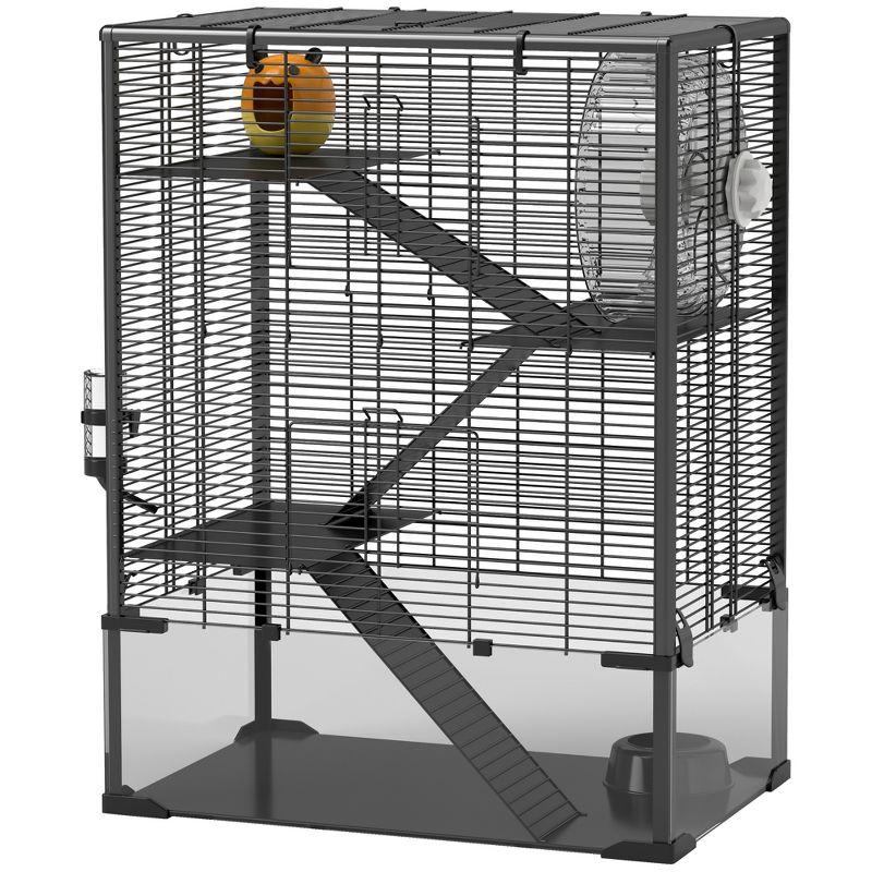 PawHut Deep Glass Bottom Hamster Cage, 4 Tiers Hamster Tank with Running Wheel, Hut, Water Bottle, Food Dish, Rat Cage, Black, 24" x 16" x 31.5"