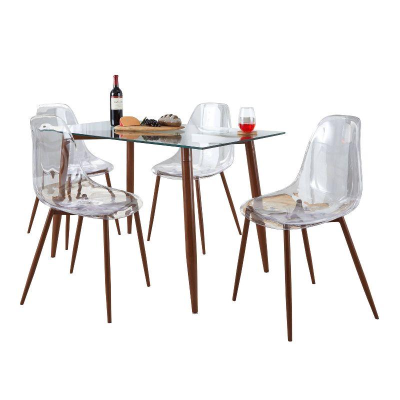 Walnut and Clear Glass 5-Piece Dining Set with Acrylic Chairs