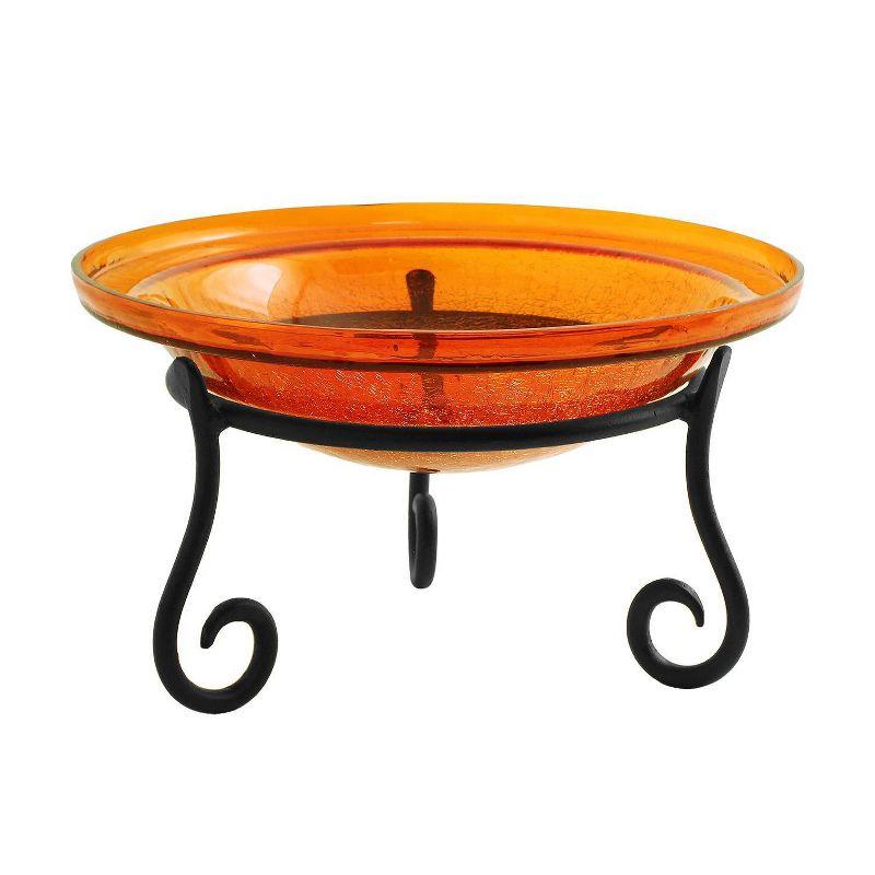 Mandarin Orange Crackle Glass Birdbath with Wrought Iron Stand