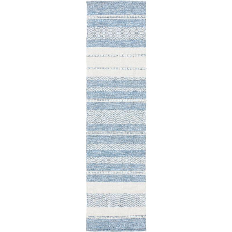 Ivory and Blue Handwoven Kilim Stripe Wool-Cotton Rug - 27in x 9in