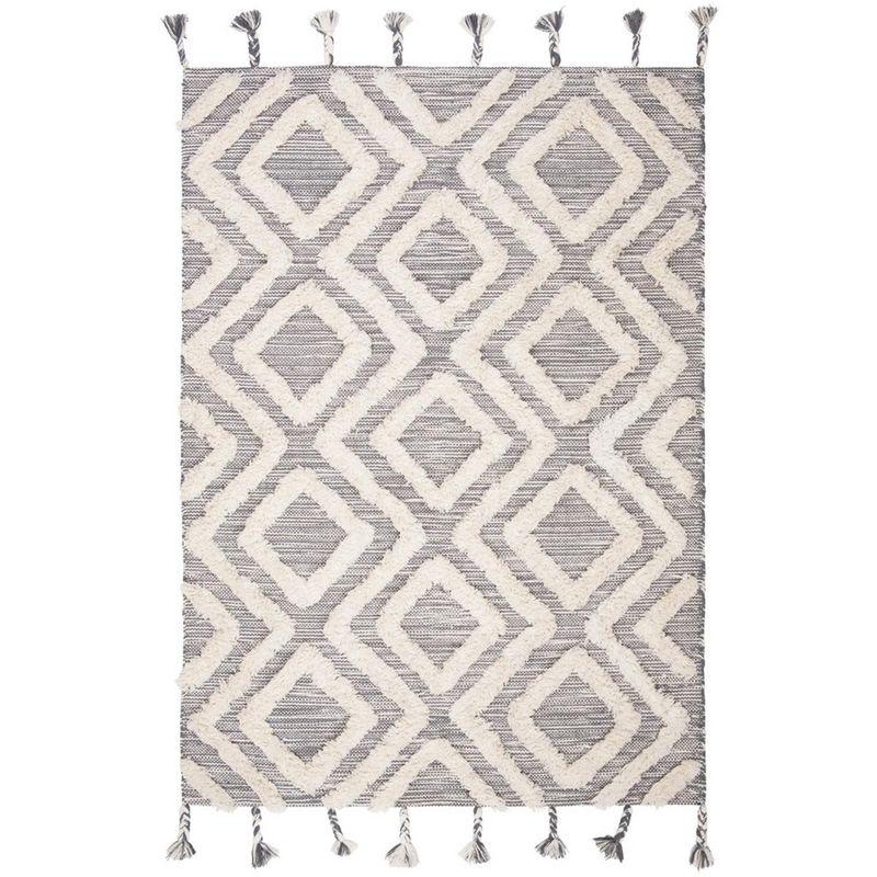 Ivory and Gray Hand-Knotted Wool Geometric Rug with Fringe