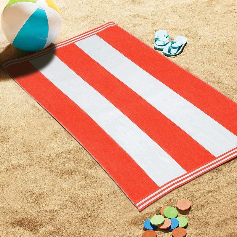 Cabana Stripe Oversized Cotton Beach Towel, Coral - Blue Nile Mills