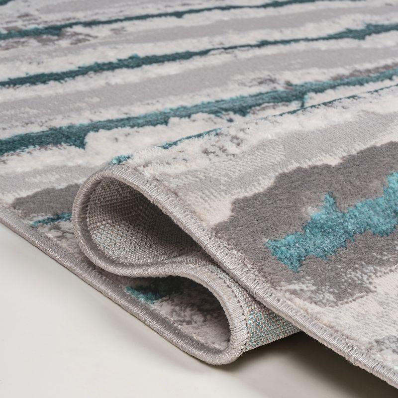 Gray and Turquoise Striped Synthetic Runner Rug