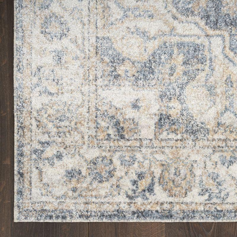 Grey and Blue Floral Medallion Washable Area Rug 5'3" x 7'