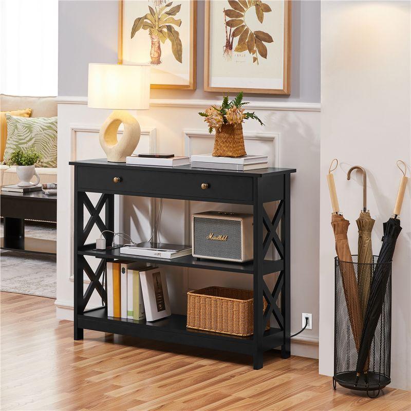 Yaheetech Wooden Console Table Entryway Table with Power Outlet, Black