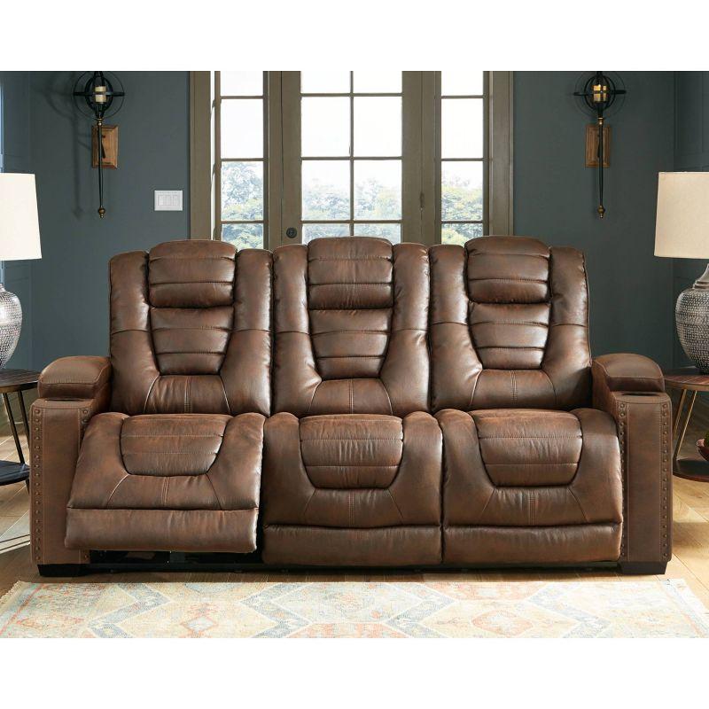 Brown Tufted Faux Leather Reclining Sofa with Storage and Cup Holder