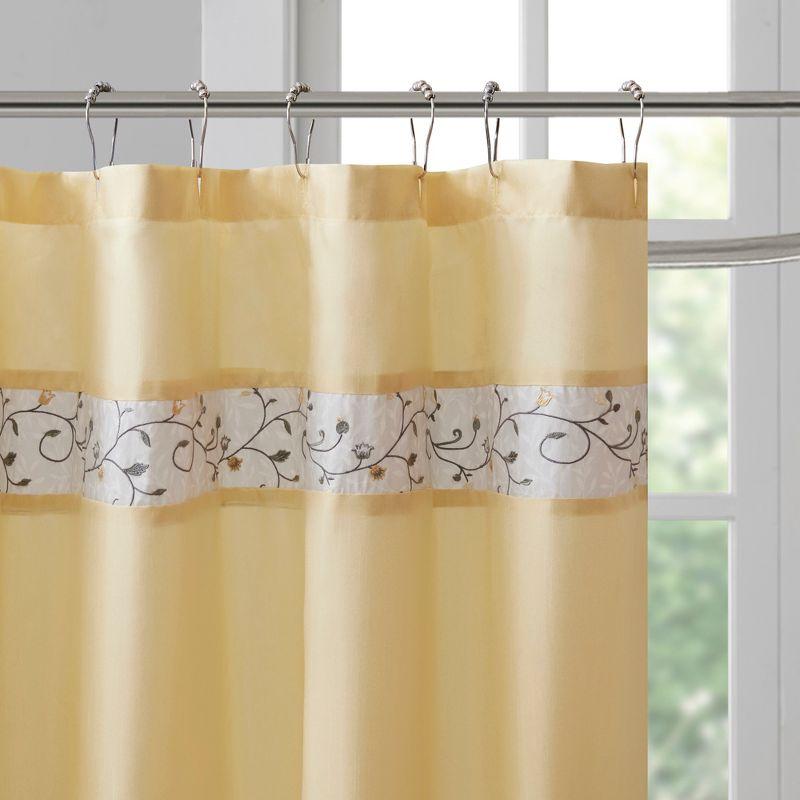 Embroidered Floral Faux Silk Shower Curtain in Yellow and Gray