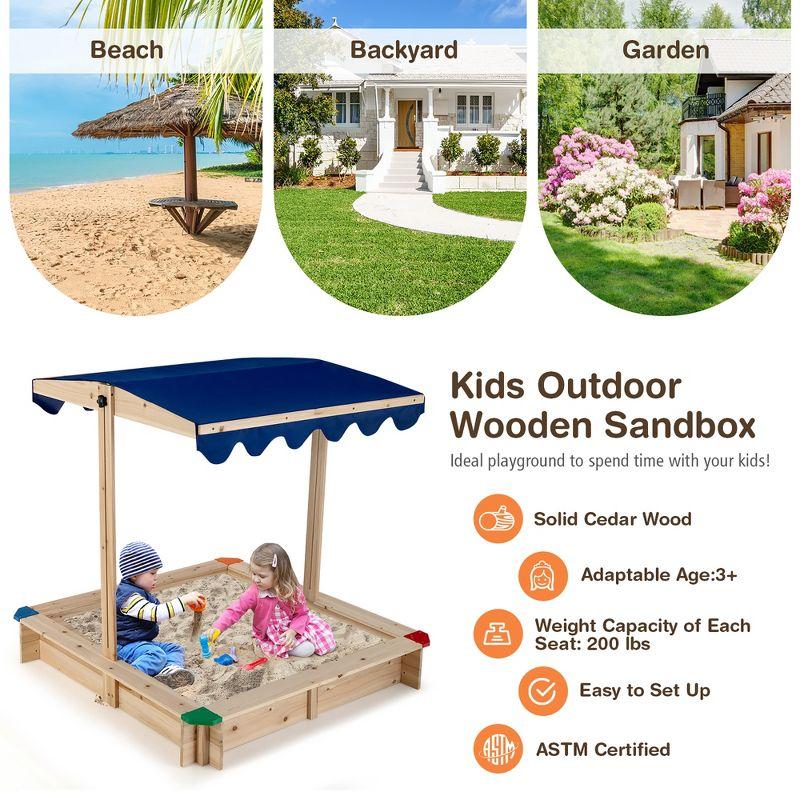 Costway Kids Wooden Sandbox with Height Adjustable & Rotatable Canopy Outdoor Playset