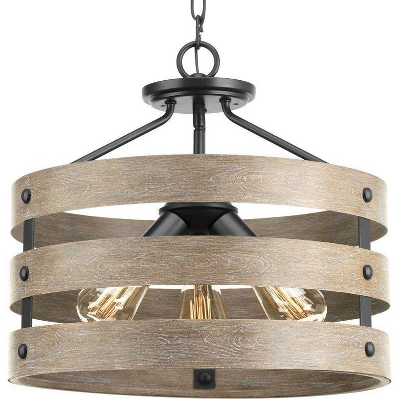 Progress Lighting Gulliver 3-Light Semi-Flush Convertible Ceiling Light, Graphite, Wood Grained Texture