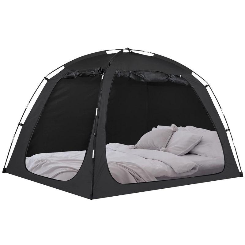 EighteenTek Bed Tent Canopy With Light Strip - Pop Up Privacy Sleeping Tent with 2 Doors, Light Reducing & Breathable Design, Portable Frame, Black
