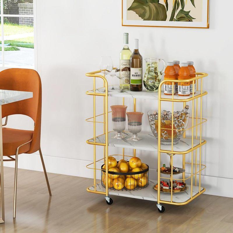 Gold 3-Tier Steel Bar Cart with Marble-Finish Shelves