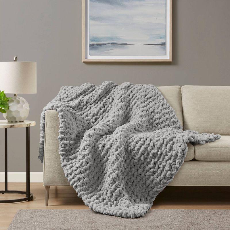 Gray Chenille Chunky Knit Handmade Throw Blanket