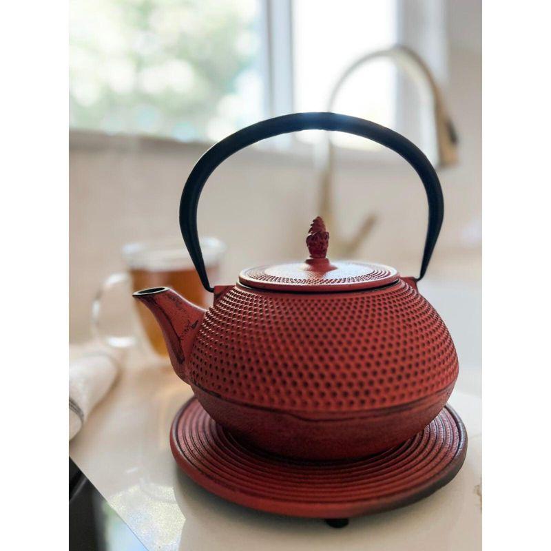 Red Cast Iron Teapot with Trivet and Stainless Steel Infuser