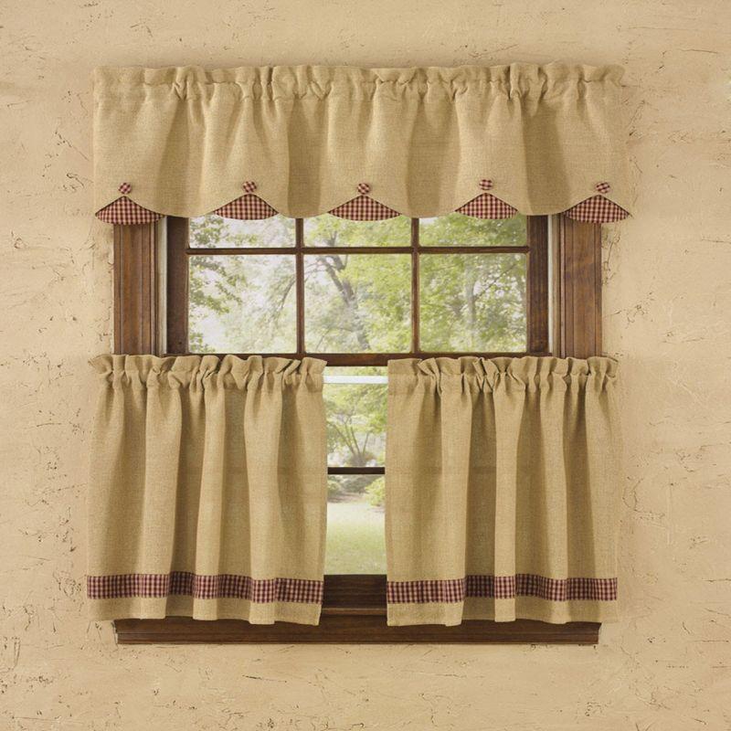 Tan and Red Burlap Scalloped Valance with Plaid Accents