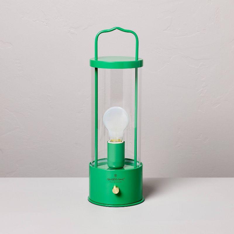 Portable Outdoor Patio LED Tabletop Lantern Green - Hearth & Hand™ with Magnolia: Rechargeable, Glass Shade, No Assembly