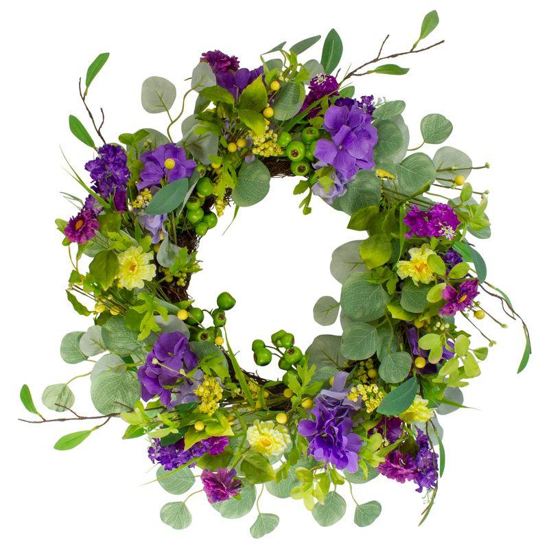 Purple and Yellow Eucalyptus Hydrangea Spring Wreath 23"